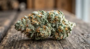 Close up shot of the frosty alien mints strain flower on a wooden tray.