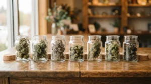 A close up view of fresh green strains in weed displayed in clear glass jars at a local shop.