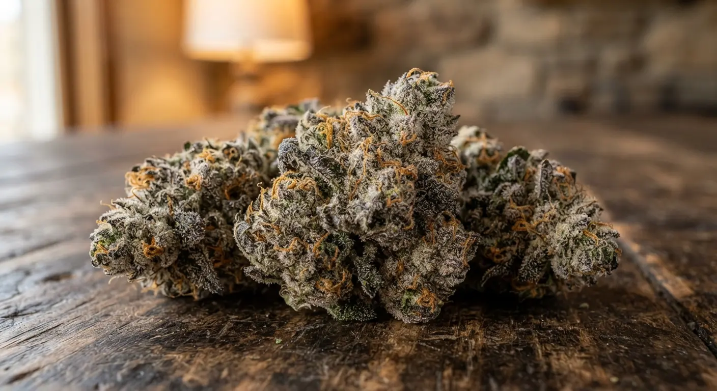 Frosty bud of the super gremlin strain with orange hairs and trichomes