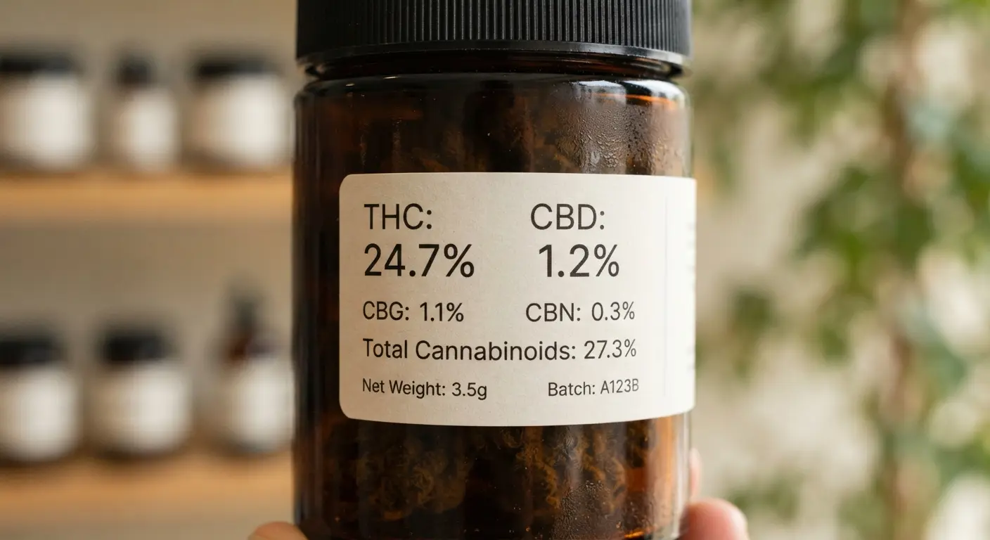 Cannabis product label showing THC and terpene percentages