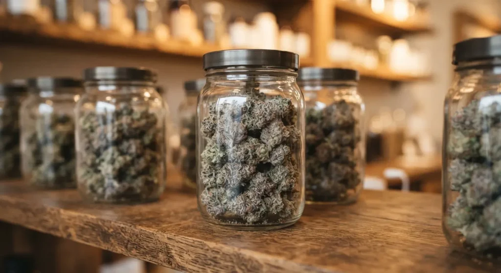 Jars of hybrid weed strains on a dispensary shelf