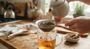 Straining cannabis tea through a fine mesh strainer into a mug