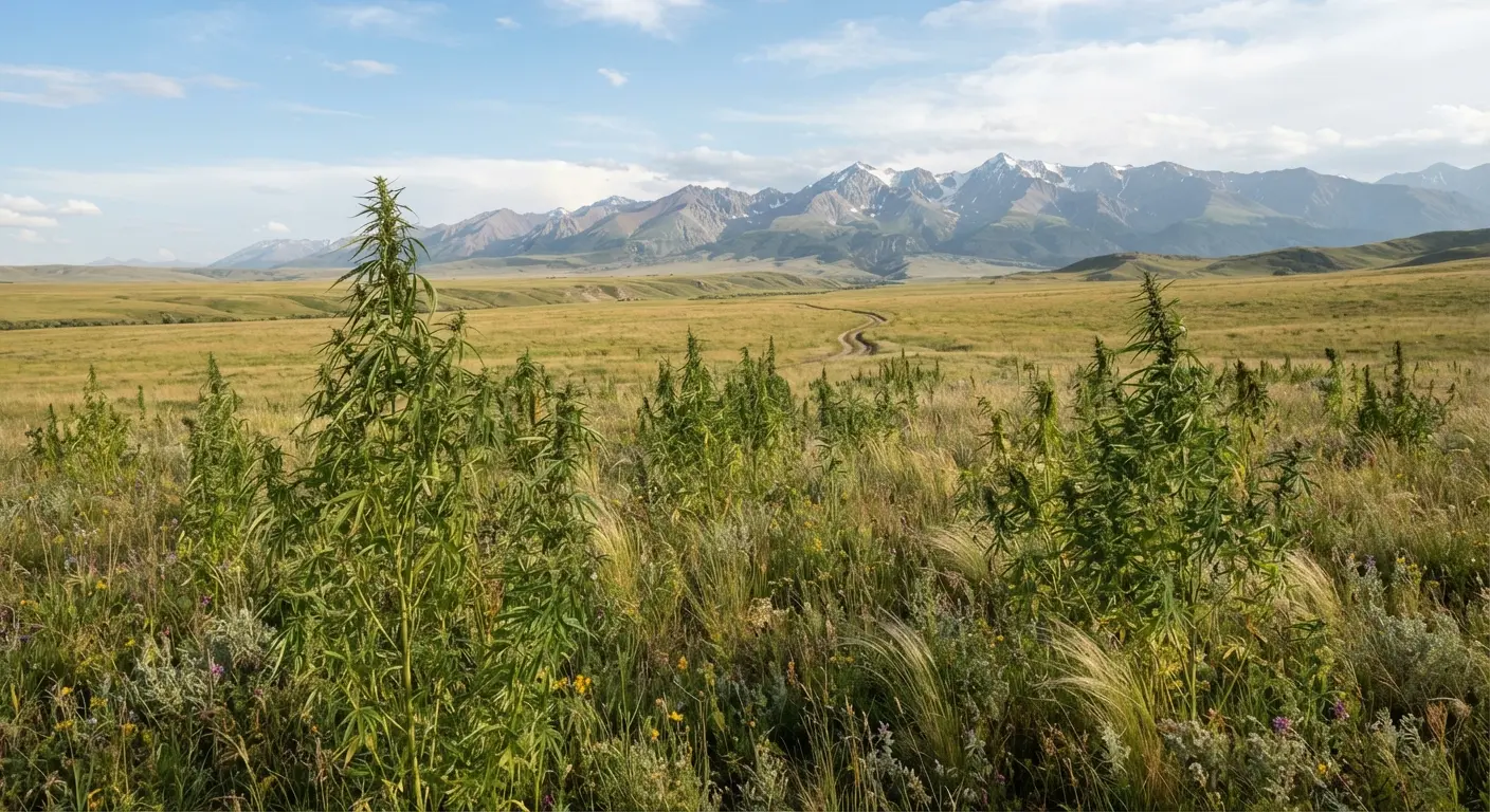 Wild cannabis plants growing in an open steppe landscape, where wild cannabis grows naturally